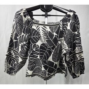 Cynthia Rowley Black/off white Tropical Leaf Print 100% Linen Boho Top